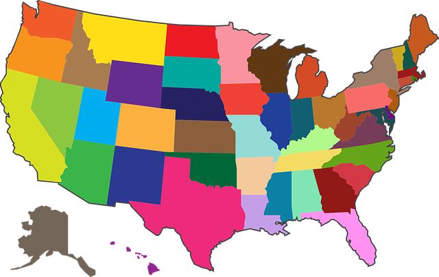 Coloured markings of the states in the USA.