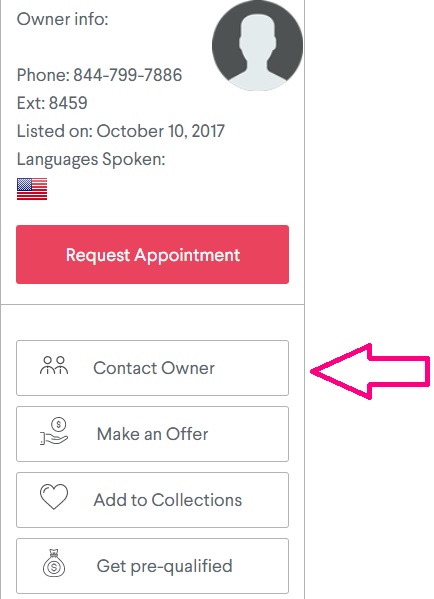 Owner information box with an arrow pointing to the contact a homeowner tab below the request appointment tab
